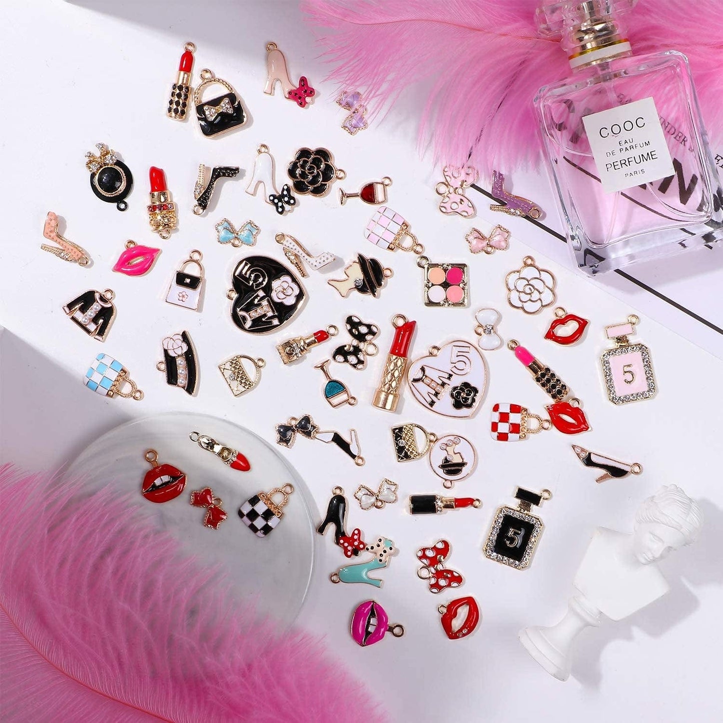 55Pcs Women Assorted Enamel Charms Lipstick Perfume Makeup Charm Pendants DIY Necklace Bracelet Earring for Jewelry Making