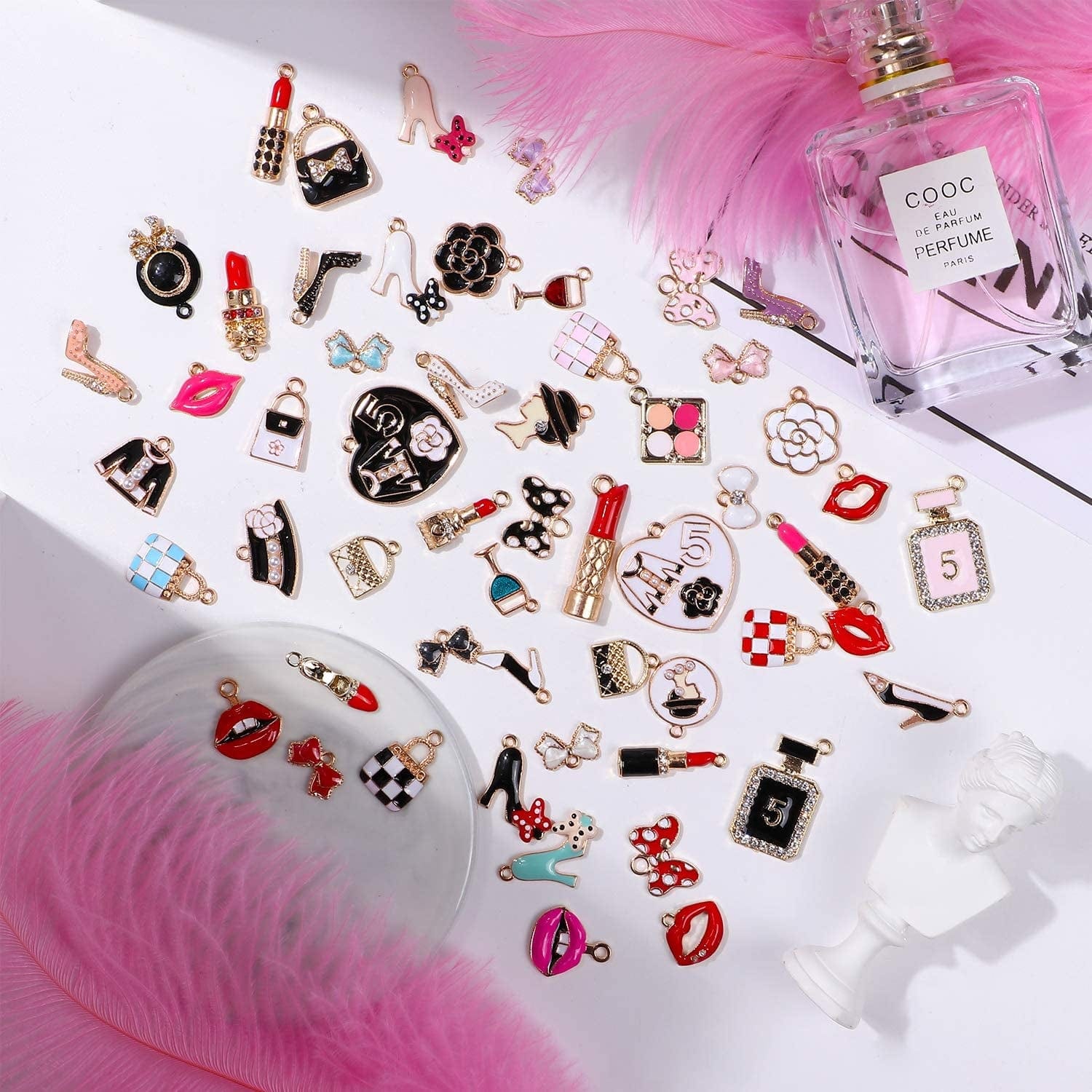 55Pcs Women Assorted Enamel Charms Lipstick Perfume Makeup Charm Pendants DIY Necklace Bracelet Earring for Jewelry Making