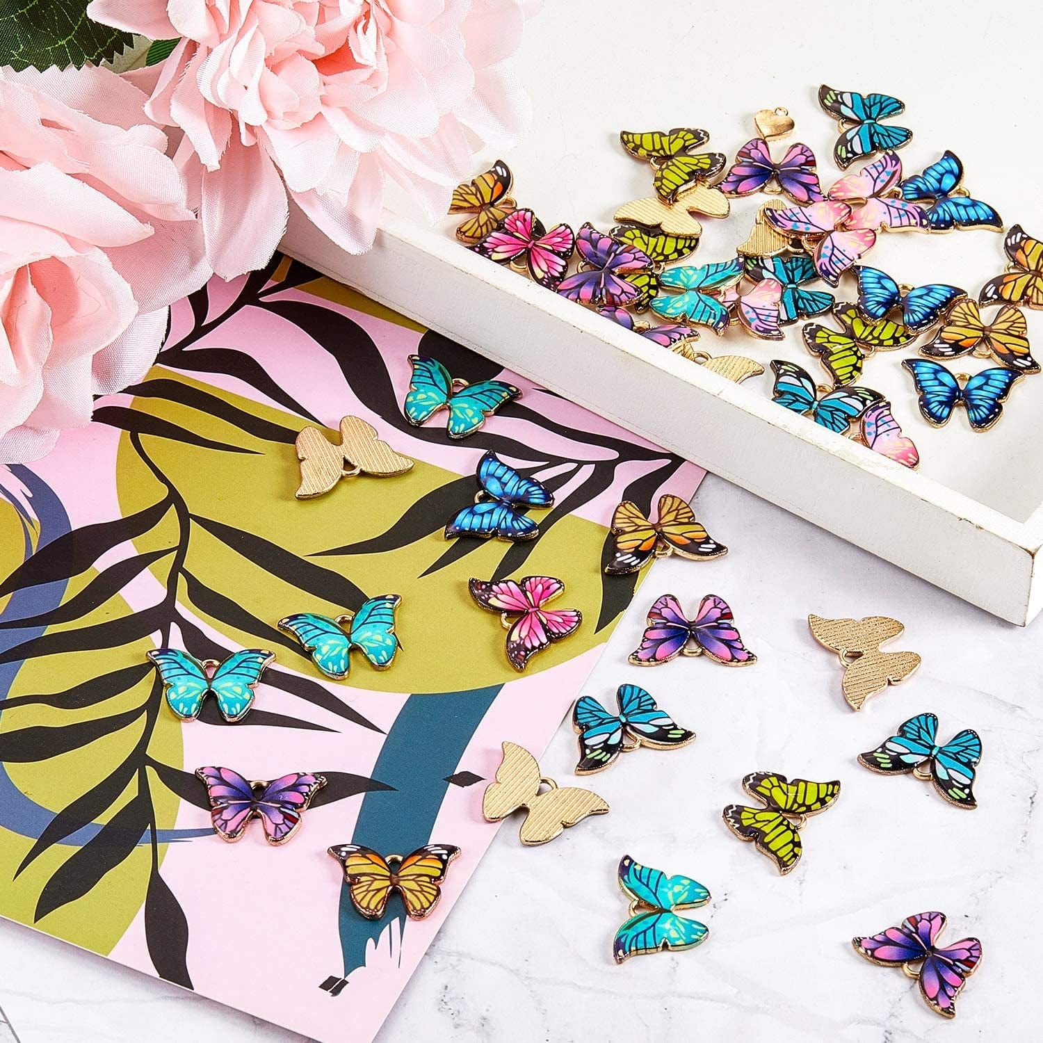 56 Pieces Butterfly Charms Enamel Butterfly Pendants Kawaii Charms for Jewelry Making DIY Necklace Bracelets Accessories