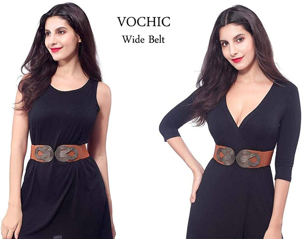 VOCHIC 2Pcs Vintage Basic Stretchy Elastic Wide Waist Belt for Womens Dress Metal Interlock Buckle Apparel & Accessories > Clothing Accessories > Belts VOCHIC
