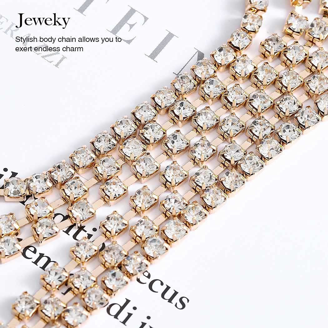 Jeweky Boho Crystal Body Chain Gold Rhinestone Harness Bra Jewelry Beach Bikini Body Jewelry for Women and Girls Apparel & Accessories > Jewelry > Body Jewelry Jeweky