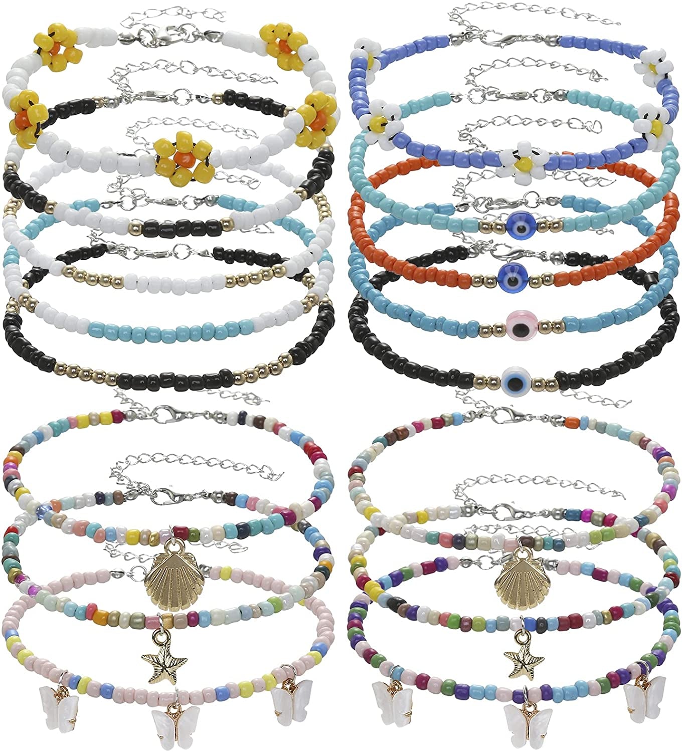 Beaded Evil Eye Anklets for Women Colorful Elastic Lucky Ankle Bracelet Hand-Woven Lucky Anklet Protection Anklet for Family Apparel & Accessories > Jewelry > Anklets Dalinner BEADED-16Set 01