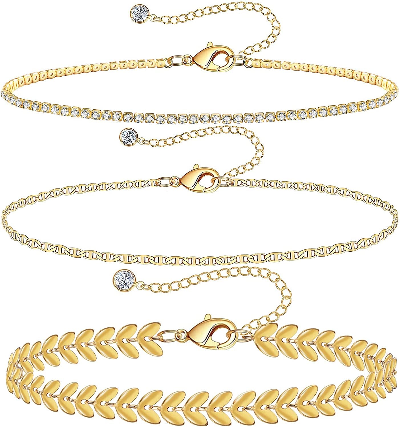 Gold Ankle Bracelets for Women 14K Gold Plated Anklet Silver Tennis Rose Quartz Cross Bead Herringbone Snake Paperclip Chain Cubic Zirconia Dainty Layered Anklet Set 3Pcs Apparel & Accessories > Jewelry > Anklets WeSparking V-Yellow Gold-Leaf