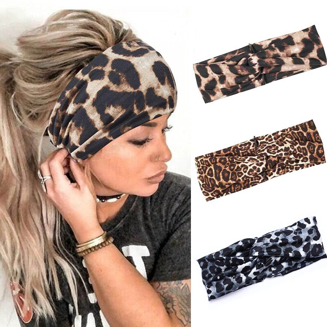 Earent Boho African Headbands Yoga Wide Knot Hair Bands Sweat Printed Headwraps Elastic Turban Headscarfs Multicolor Headwear Outdoor Hair Accessories for Women and Girls (Z-Black) Apparel & Accessories > Clothing Accessories > Headwear Earent C-Leopard print