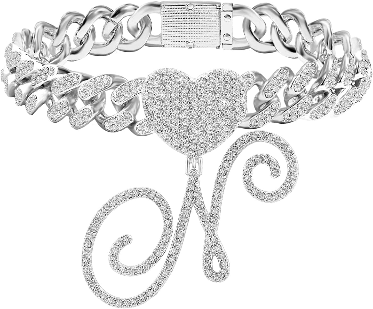 KKJTDS 13Mm Silver Cuban Link Anklets for Women Cursive Pendant Miami Cuban Link Chain Ankle Bracelets for Women Hip Hop Iced Out Letter Chain Anklet Apparel & Accessories > Jewelry > Anklets KKJTDS N