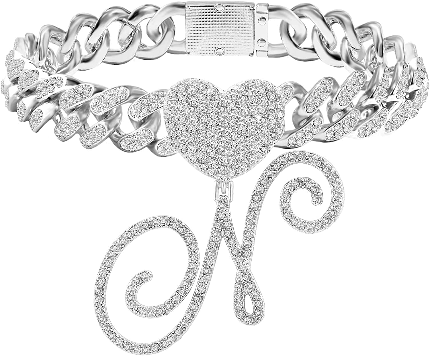 KKJTDS 13Mm Silver Cuban Link Anklets for Women Cursive Pendant Miami Cuban Link Chain Ankle Bracelets for Women Hip Hop Iced Out Letter Chain Anklet Apparel & Accessories > Jewelry > Anklets KKJTDS N