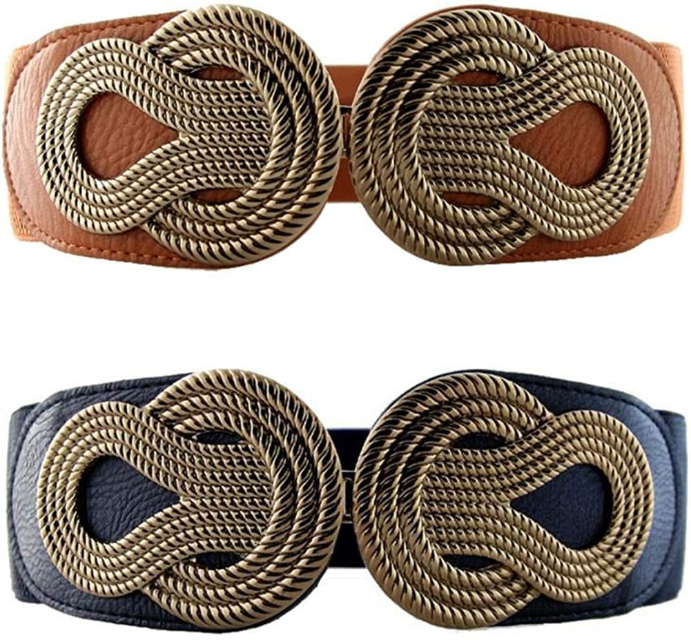 VOCHIC 2Pcs Vintage Basic Stretchy Elastic Wide Waist Belt for Womens Dress Metal Interlock Buckle Apparel & Accessories > Clothing Accessories > Belts VOCHIC Brown+blue XXL(32"-46")