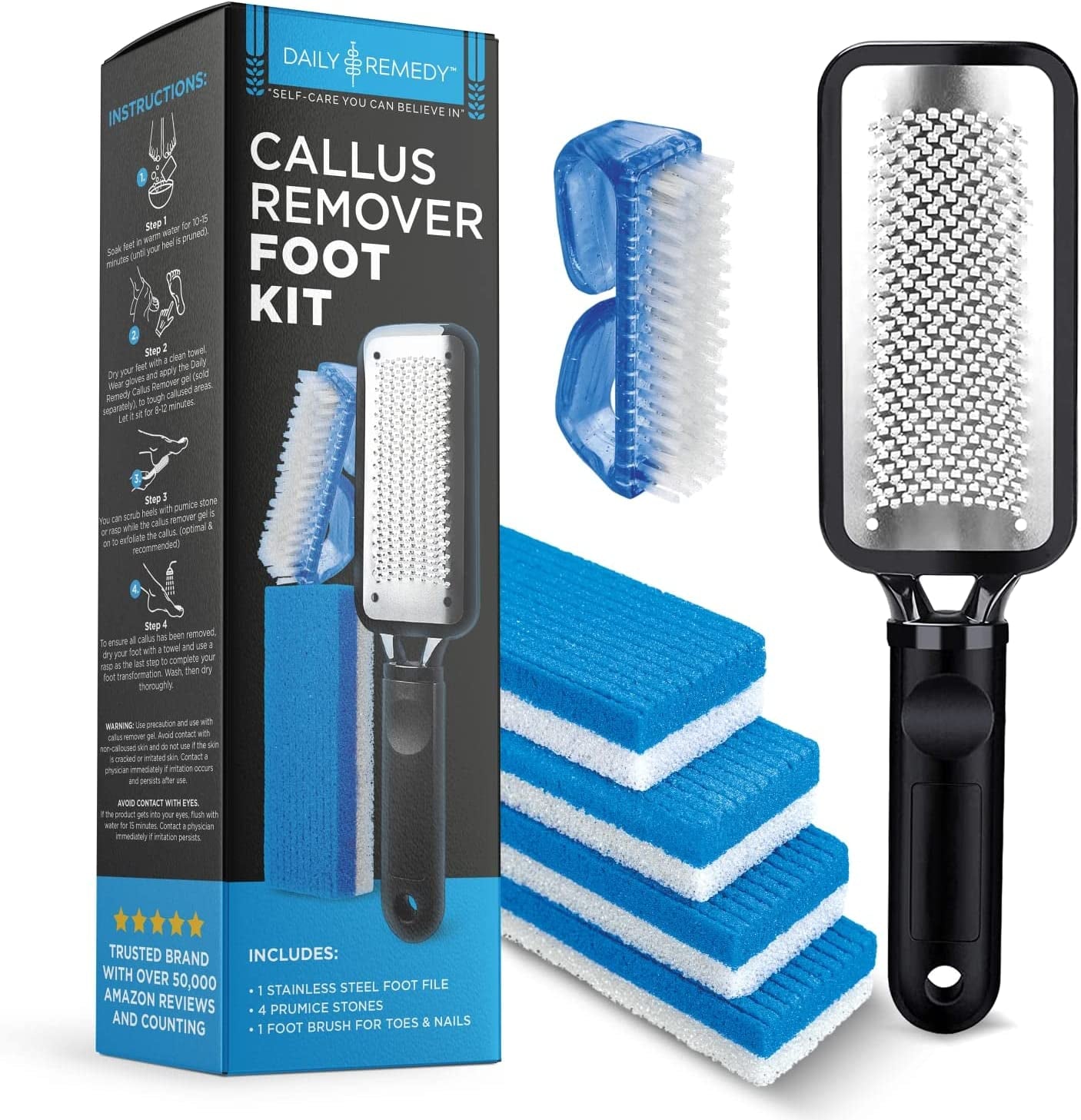 DAILY REMEDY Foot Callus Remover Set - Includes 1 Stainless Rasp Foot File, 4 Premium Pumice Stone and 1 Nail Brush, Best Foot Care Pedicure Tools to Remove Hard Dry Skin (Purple) Health & Beauty > Personal Care > Foot Care DAILY REMEDY Blue