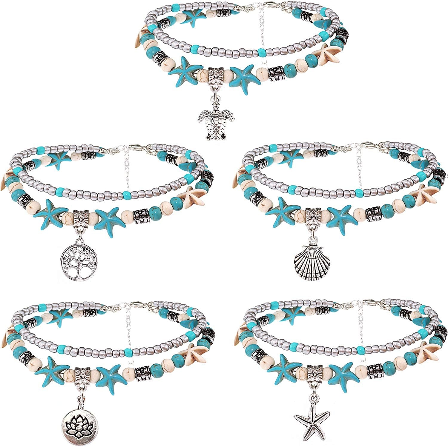 Suyi 5Pcs Layered Beach Anklets for Women Girls Adjustable Sea Turtle Anklets Bracelets Boho Anklet Foot Jewelry Apparel & Accessories > Jewelry > Anklets Suyi
