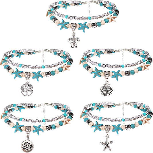 Suyi 5Pcs Layered Beach Anklets for Women Girls Adjustable Sea Turtle Anklets Bracelets Boho Anklet Foot Jewelry Apparel & Accessories > Jewelry > Anklets Suyi