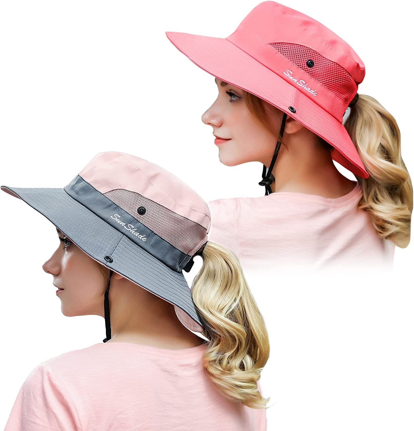 Muryobao 2 Pack Women Ponytail Summer Sun Hat UV Protection Wide Brim Foldable Safari Fishing Cap Apparel & Accessories > Clothing Accessories > Hats Muryobao 2 Pack - Pure Watermelon Red & Pink