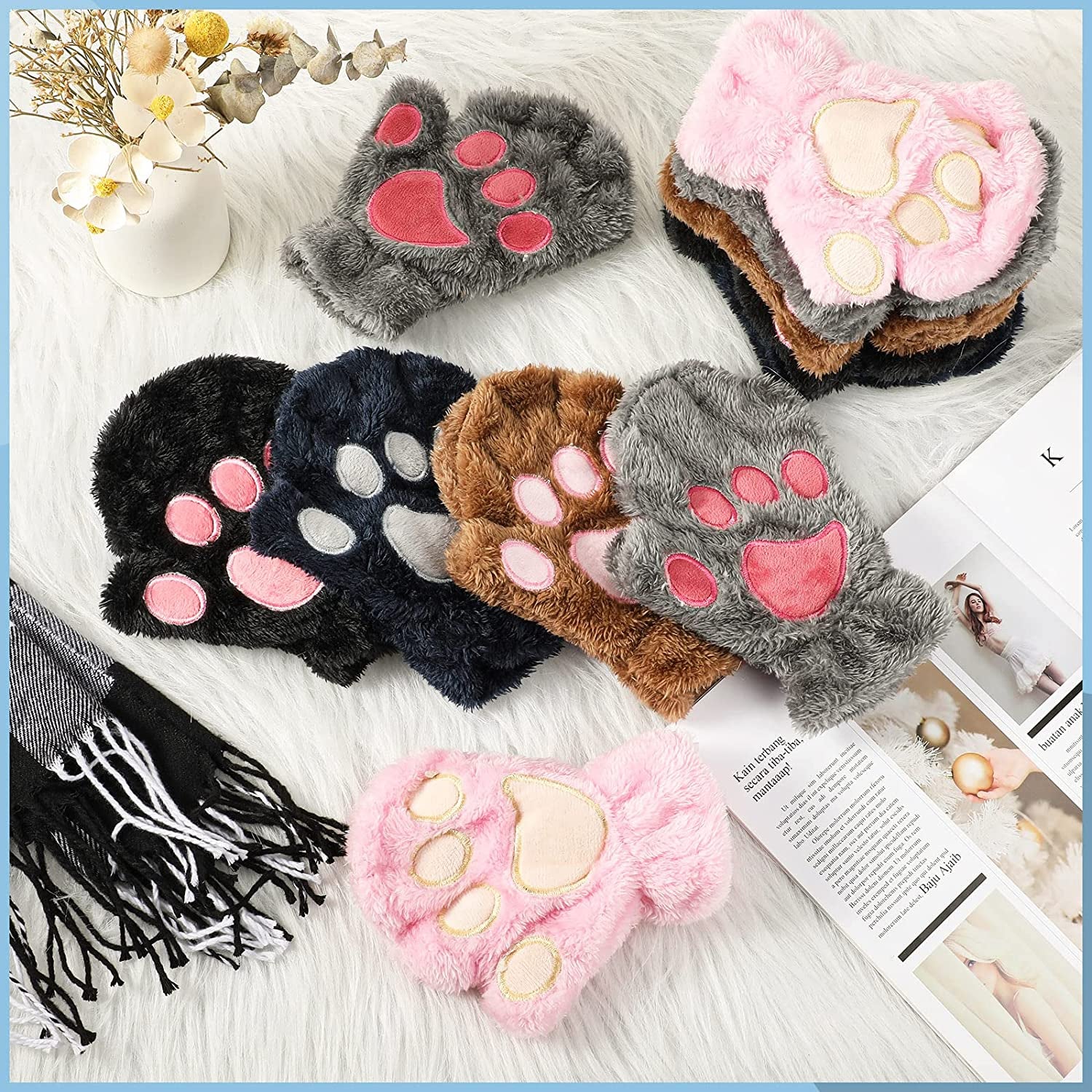 SATINIOR 6 Pairs Cat Paw Gloves Fingerless Faux Fur Plush Gloves Mittens Winter Warm Half Finger Gloves Cute Cat Paw Cosplay Gloves Fuzzy Plush Gloves for Women Girls (Black, Grey, Pink, Brown, Navy) Apparel & Accessories > Clothing Accessories > Gloves & Mittens SATINIOR