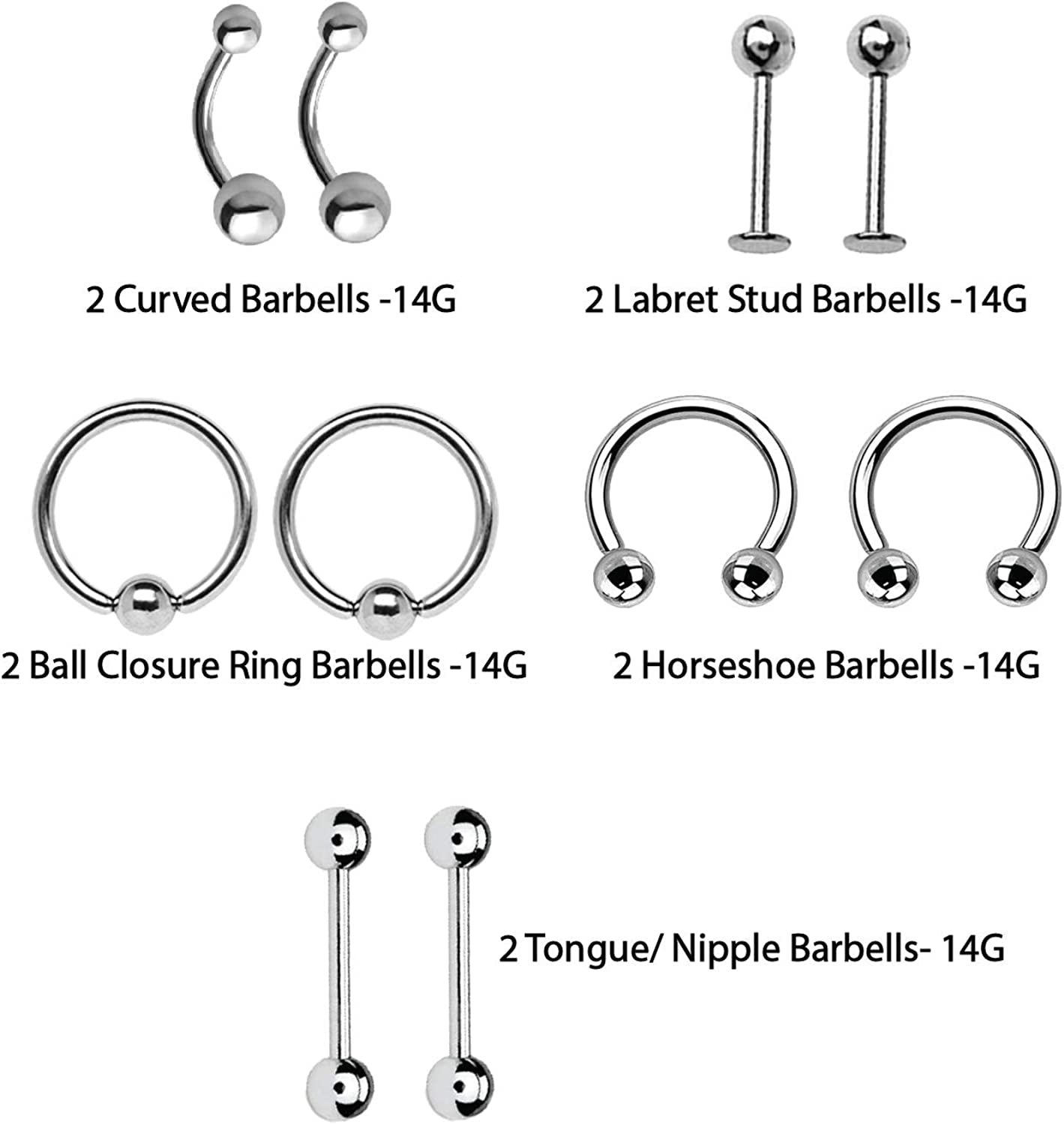 Bodyj4You 20PC Pro Piercing Kit BCR CBR Belly Labret Tragus Nipple Nose Lip 14G Steel Jewelry Apparel & Accessories > Jewelry > Body Jewelry BodyJ4You