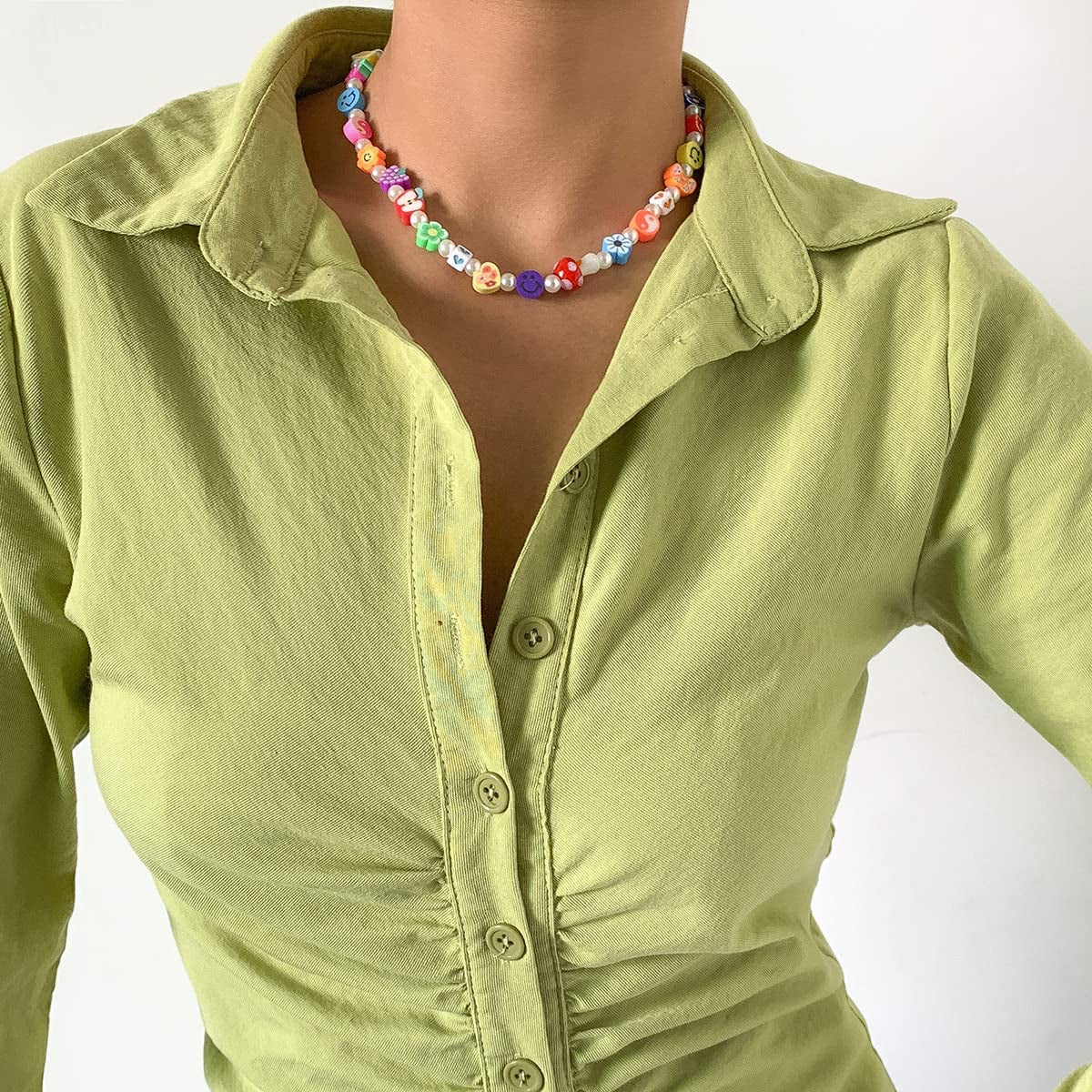 Boho Smiley Layered Beaded Necklaces with Strand Bracelet, Smile Face Star Fruits Flowers Heart Shape Beads Pearl Stackable Collar Necklace Anklet for Women Girls Vsco Summer Beach Trip Apparel & Accessories > Jewelry > Anklets Bincon