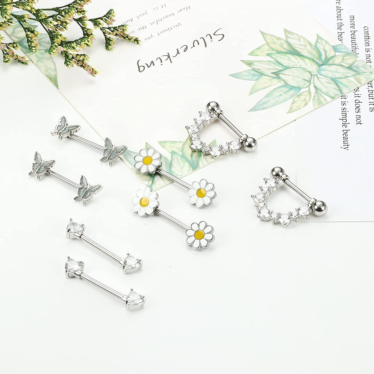 FINREZIO 4Pairs 14G Nipple Rings 316L Surgical Steel Flower Nipple Tongue Ring Barbell Piercing for Women Body Piercing Jewelry Apparel & Accessories > Jewelry > Body Jewelry FINREZIO