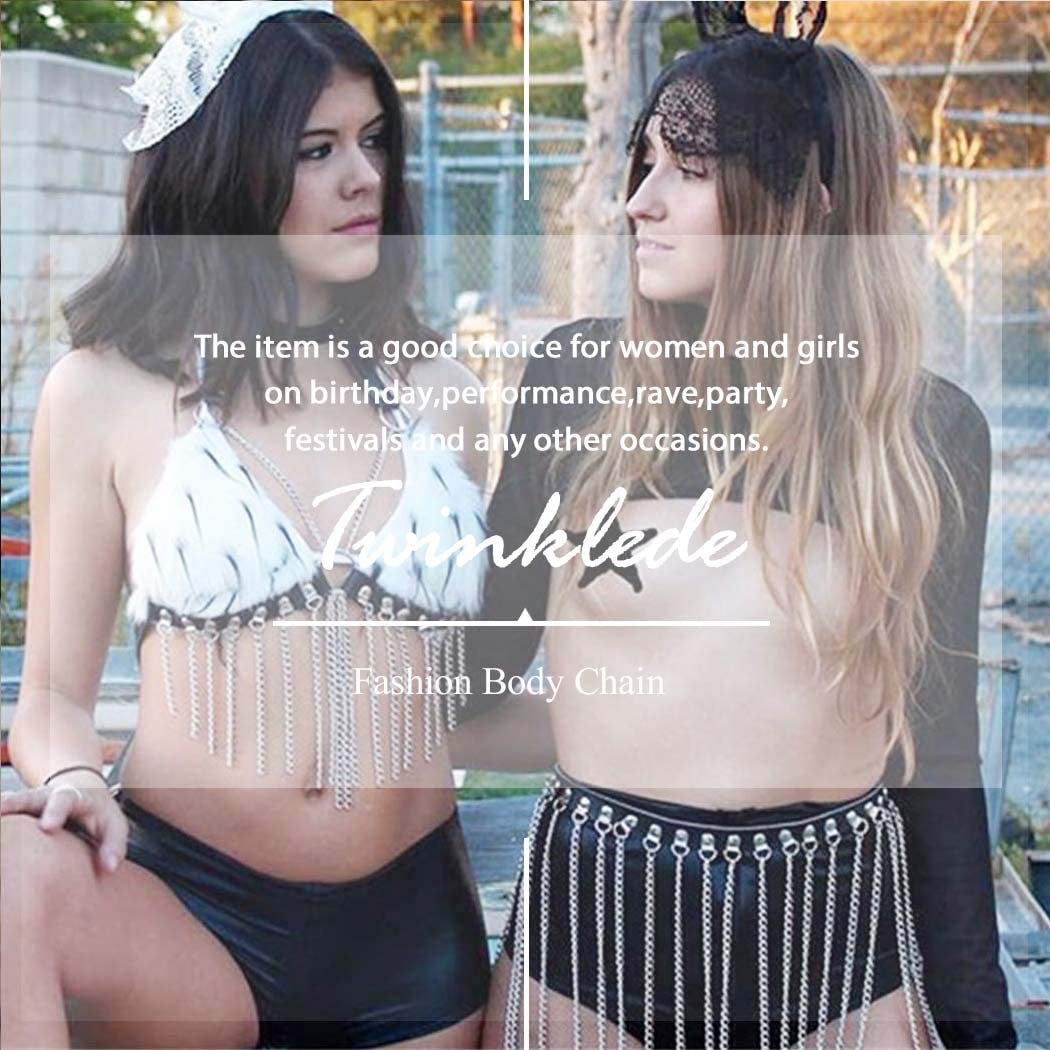 Twinklede Punk Leather Body Chain Silver Tassel Waist Chains Rave Party Belly Chain Nightclub Body Jewelry for Women and Girls Apparel & Accessories > Jewelry > Body Jewelry Twinklede