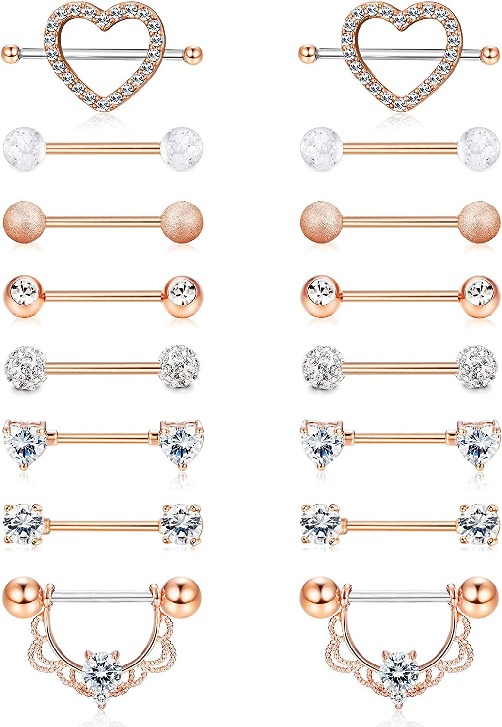 FINREZIO 6-8 Pairs 14G Nipple Rings 316L Surgical Steel Heart CZ Tongue Barbell Body Piercing Shield Ring Set 5/8 Inches Apparel & Accessories > Jewelry > Body Jewelry FINREZIO Rose Gold tone