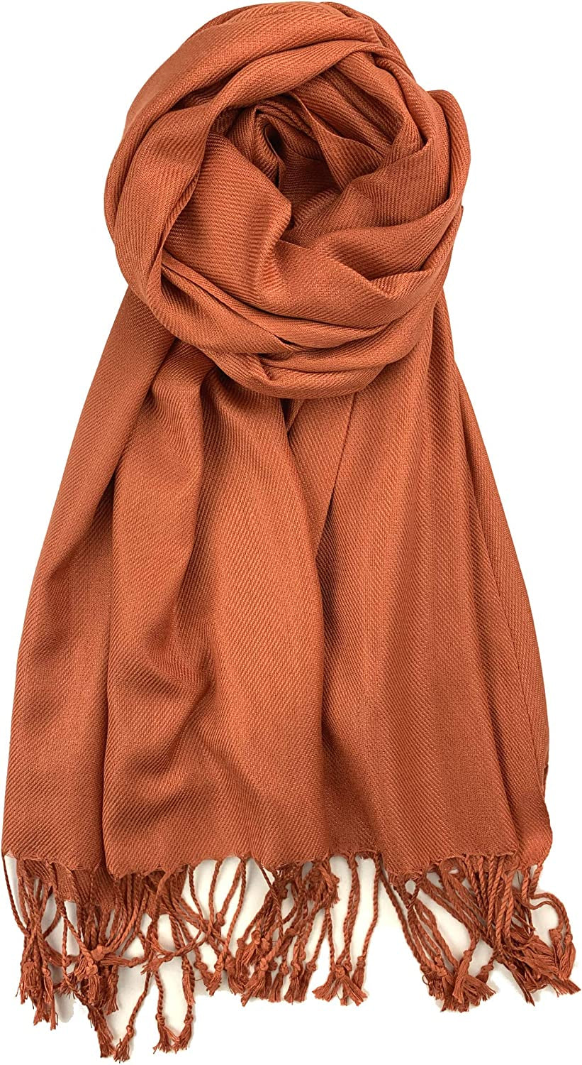 Plum Feathers Premium Solid Color and Metallic Fashion Scarf, Womens Pashmina Shawl Wrap with Fringes Apparel & Accessories > Clothing Accessories > Scarves & Shawls Plum Feathers Clay Orange
