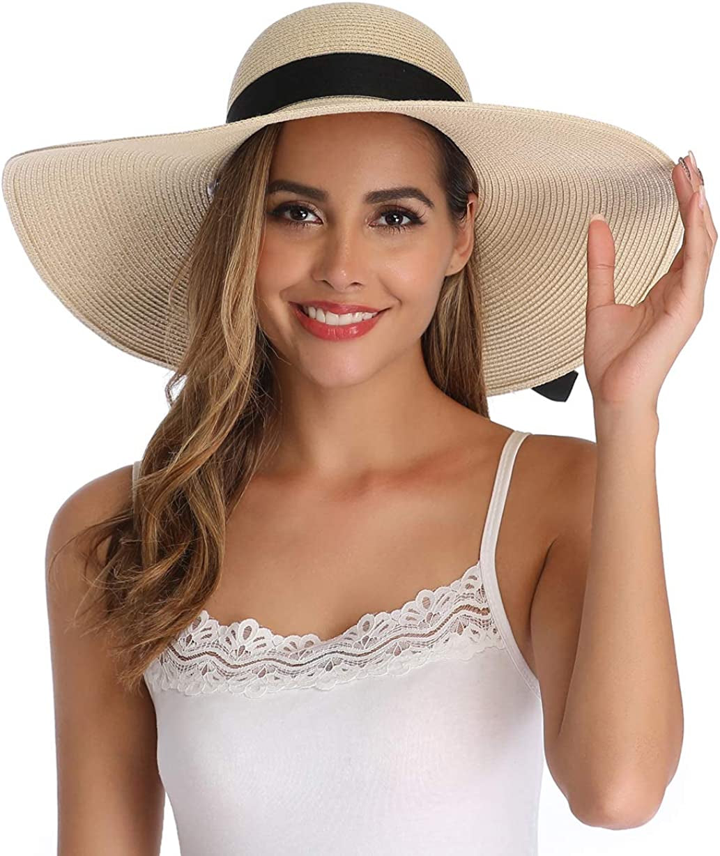 Lanzom Womens Wide Brim Straw Hat Big Floppy Foldable Roll up Cap Beach Sun Hat UPF 50+ Apparel & Accessories > Clothing Accessories > Hats Lanzom