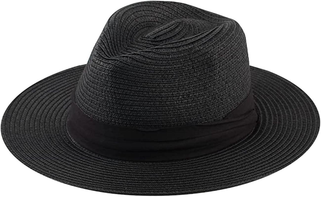 Panama Straw Hats for Women Summer Beach Sun Hat Wide Brim Fedora Cap UPF50+ Apparel & Accessories > Clothing Accessories > Hats KYLIE MAX A05-black