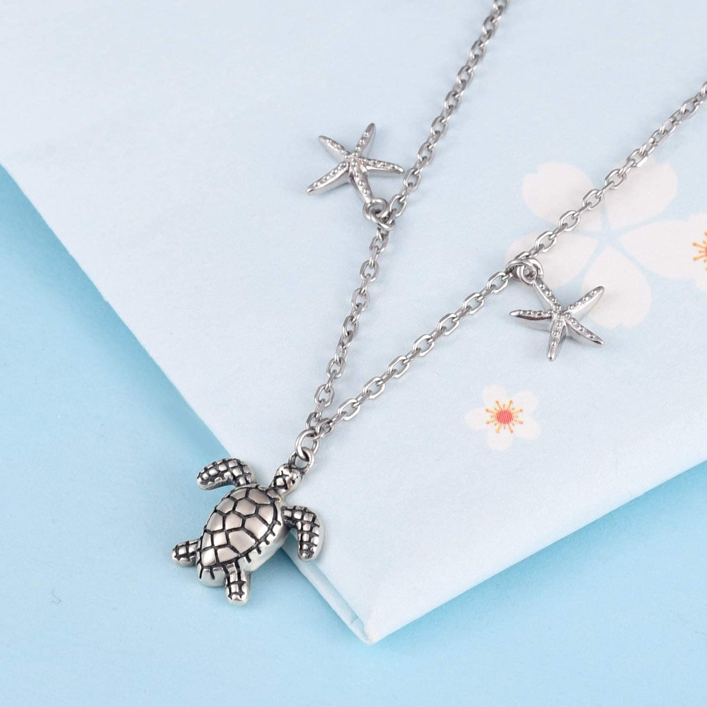 S925 Sterling Silver Sea Turtle Starfish Adjustable Anklets Foot Chain Jewelry Ankle Bracelet for Women Apparel & Accessories > Jewelry > Anklets ACJNA