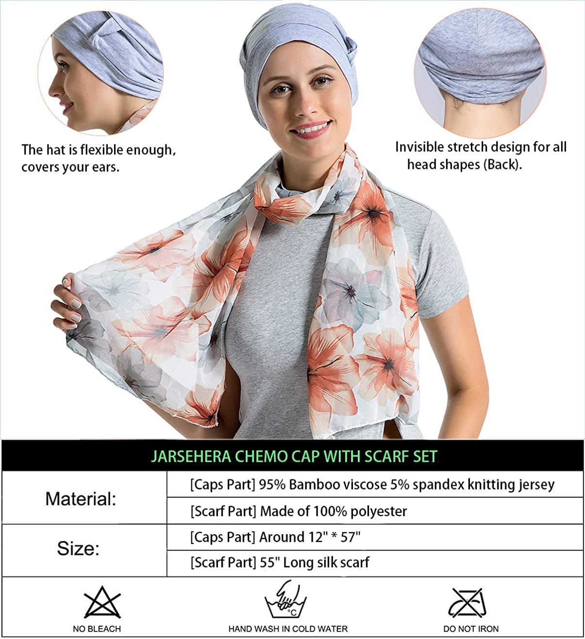 Bamboo Cotton Liner Chemo Headwear for Womenwith Silky Scarfs for Cancer Hair Loss Sleep Caps Beanie Gray Apparel & Accessories > Clothing Accessories > Headwear JarseHera