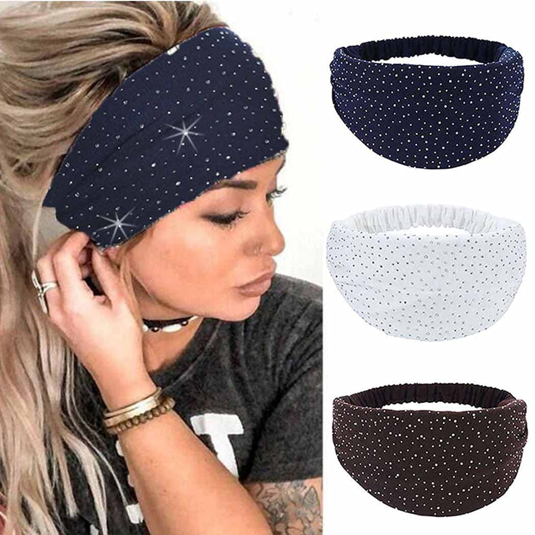 CAKURE Crystal Wide Headbands Rhinestone Bling Head Bands Sparkle Head Scarf Turban Headband Elastic African Head Wraps Sport Hair Bands for Women and Girls Pack of 3 (Set 2) Apparel & Accessories > Clothing Accessories > Bandanas & Headties CAKURE set 1