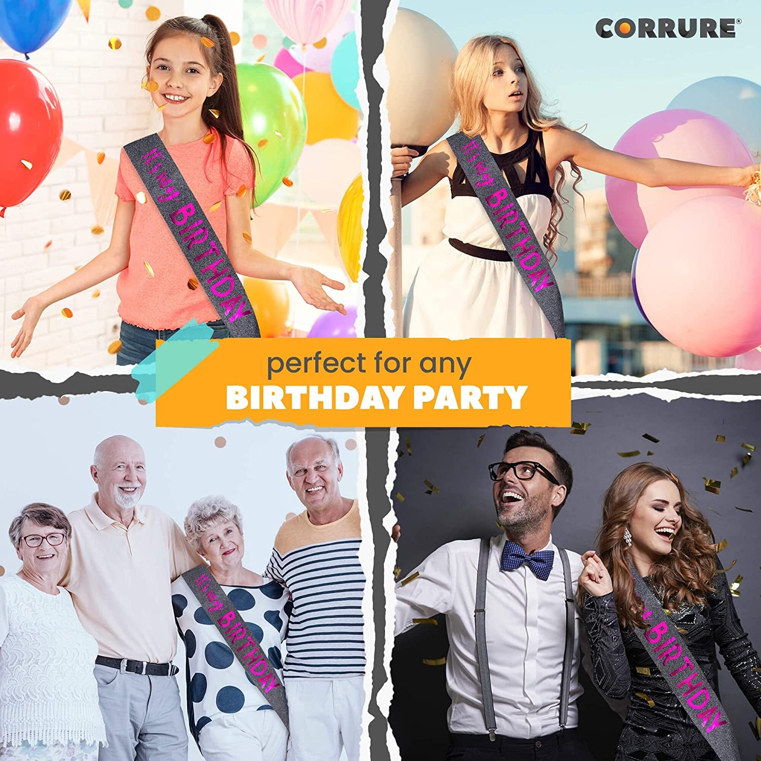CORRURE 'It'S My Birthday' Sash Glitter with Pink Foil - Black Glitter Happy Birthday Sash for Women - Party Favors Supplies and Decorations for Sweet 16, 18Th 21St 30Th 40Th or Any Bday Party Apparel & Accessories > Clothing Accessories > Sashes CORRURE