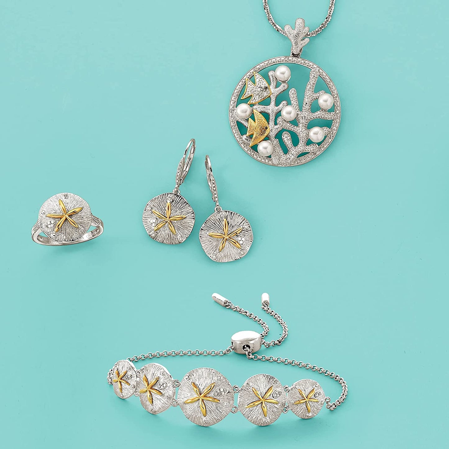 Ross-Simons Sterling Silver and 14Kt Gold Sand Dollar Drop Earrings with .10 Ct. T.W. Diamonds Apparel & Accessories > Jewelry > Earrings Ross-Simons