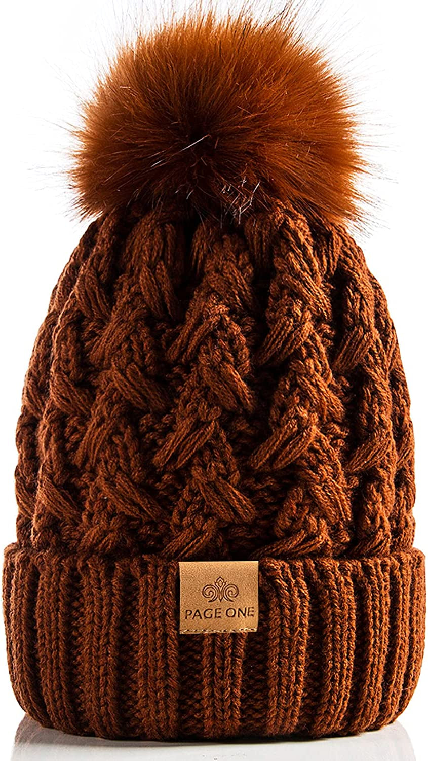 PAGE ONE Womens Winter Ribbed Beanie Crossed Cap Chunky Cable Knit Pompom Soft Warm Hat Apparel & Accessories > Clothing Accessories > Hats PAGE ONE Brown