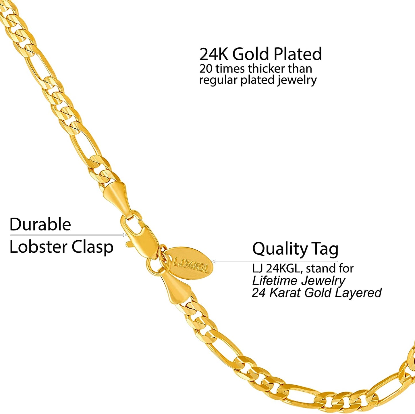 LIFETIME JEWELRY 4Mm Figaro Chain Anklet Bracelet for Women 24K Real Gold Plated Apparel & Accessories > Jewelry > Anklets Lifetime Products Group