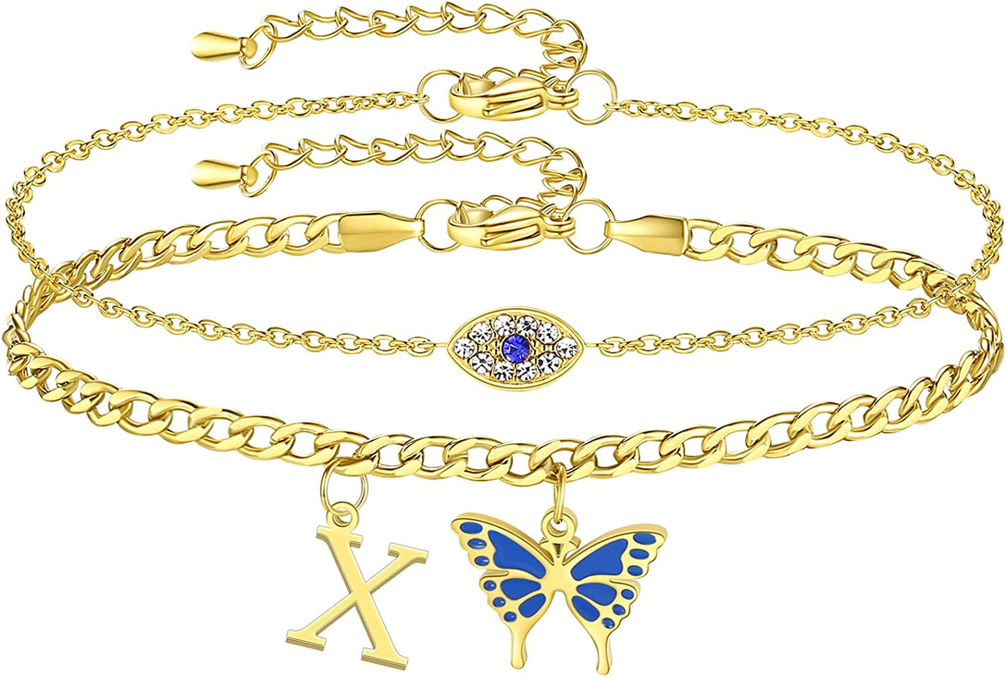 SAM & LORI 2 Pcs Anklets Set 18K Gold Plated Dainty Layered Personalized Initial Anklets Bracelets - Blue Butterfly - Sparkling CZ Evil Eye - Adjustable Summer Jewelry for Women Teen Girls Apparel & Accessories > Jewelry > Anklets SAM & LORI "Butterfly Evil Eye - X
