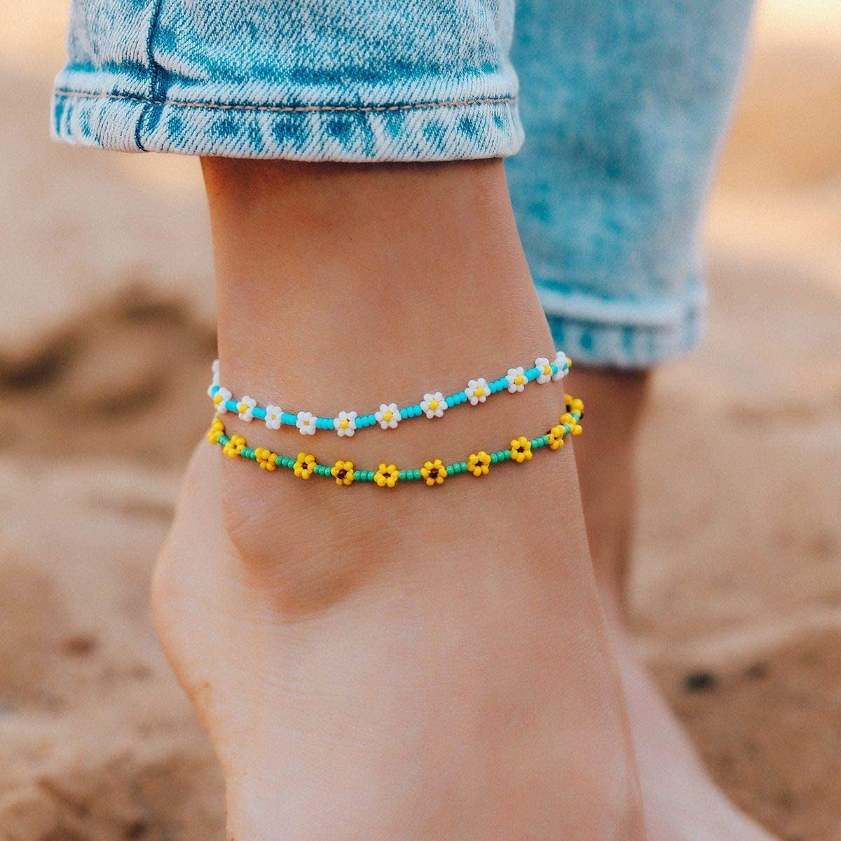 Pura Vida Daisy Flower Seed Bead Adjustable Anklet W/ Charm, Waterproof - Yellow Apparel & Accessories > Jewelry > Anklets Pura Vida