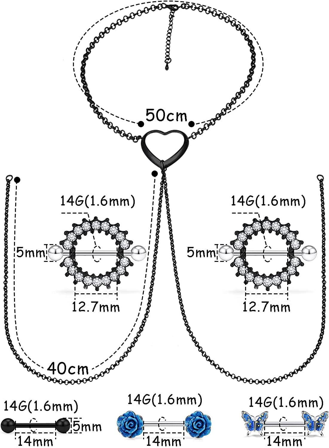 Pexveiuu 16Pcs Nipple Rings Chain and Belly Burron Ring for Women Surgical Steel Nipple Belly Navels Barbells Bar Piercing Apparel & Accessories > Jewelry > Body Jewelry Pexveiuu