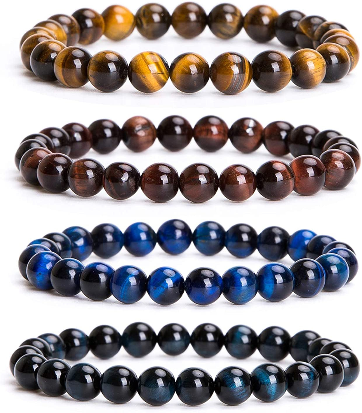 Bivei Natural Gem Semi Precious Reiki Healing Crystals Handmade 8Mm round Beads Stretch Bracelet Apparel & Accessories > Jewelry > Bracelets Bivei 4PCS SET(8 mm Blue/Red/Yellow/Black Tiger Eye)