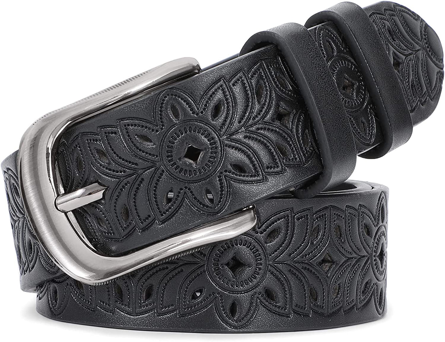 JASGOOD Hollow Leather Belt for Women, Wide Leather Belt for Jeans Pants with Pin Buckle Apparel & Accessories > Clothing Accessories > Belts KYLIE MAX A-black Fit for waist size 39"-45"