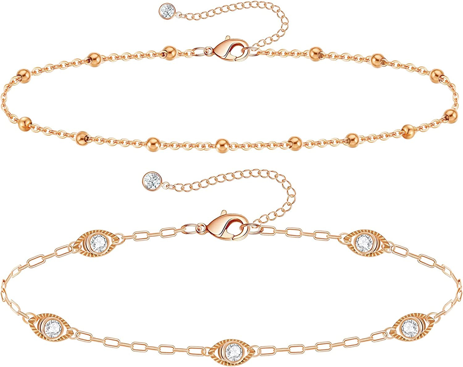 Gold Ankle Bracelets for Women 14K Gold Plated Anklet Silver Tennis Rose Quartz Cross Bead Herringbone Snake Paperclip Chain Cubic Zirconia Dainty Layered Anklet Set 3Pcs Apparel & Accessories > Jewelry > Anklets WeSparking ZB-Rose Gold-Evil Eye