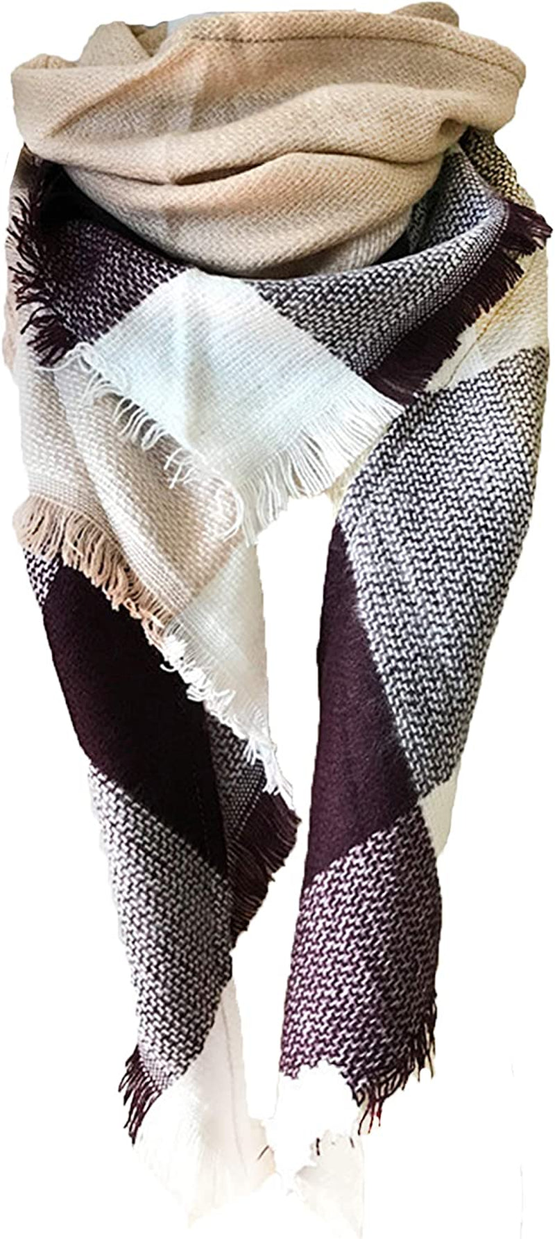 Wander Agio Womens Warm Long Shawl Winter Wraps Large Scarves Knit Cashmere Feel Plaid Triangle Scarf Apparel & Accessories > Clothing Accessories > Scarves & Shawls Wander Agio Beige Khaki 22