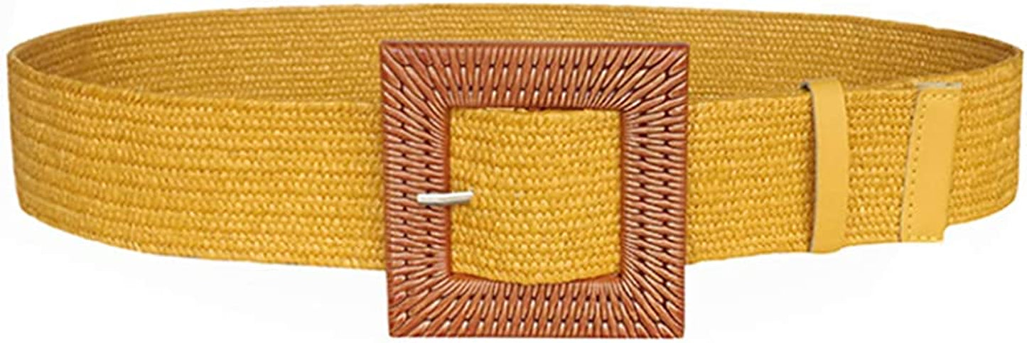 Women Skinny Dress Belt, Fashion Straw Woven Elastic Stretch Waist Band Wood Buckle Belt Apparel & Accessories > Clothing Accessories > Belts YUCFOREN Yellow Waist below 39"