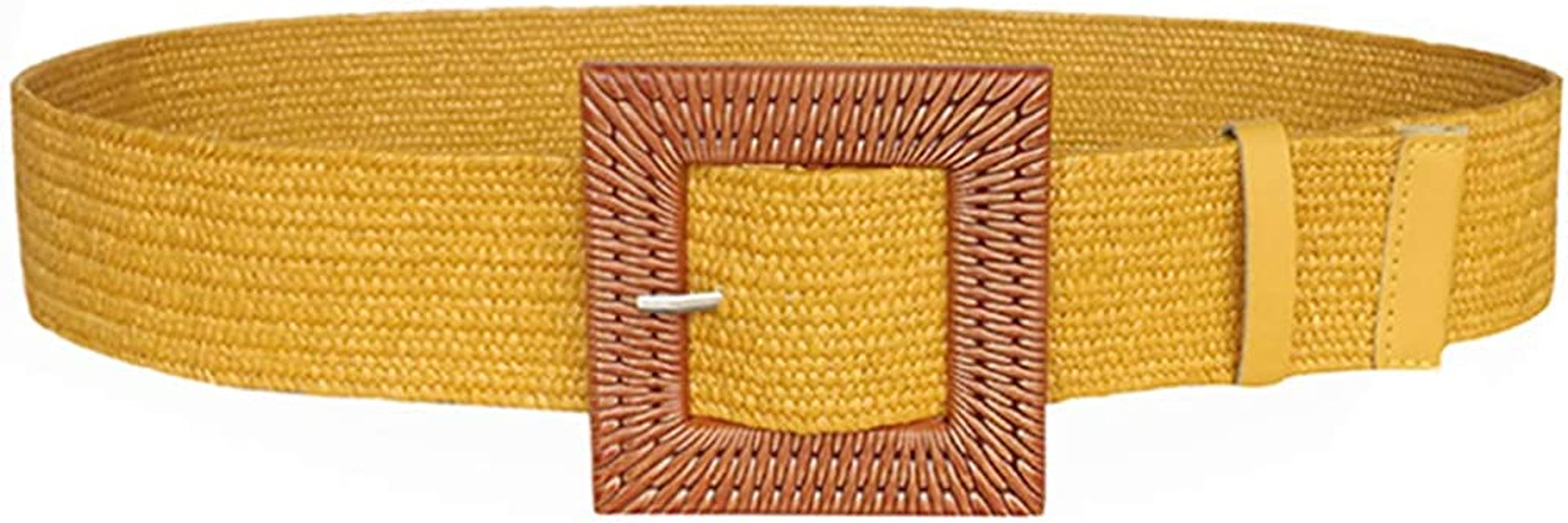 Women Skinny Dress Belt, Fashion Straw Woven Elastic Stretch Waist Band Wood Buckle Belt Apparel & Accessories > Clothing Accessories > Belts YUCFOREN Yellow Waist below 39"