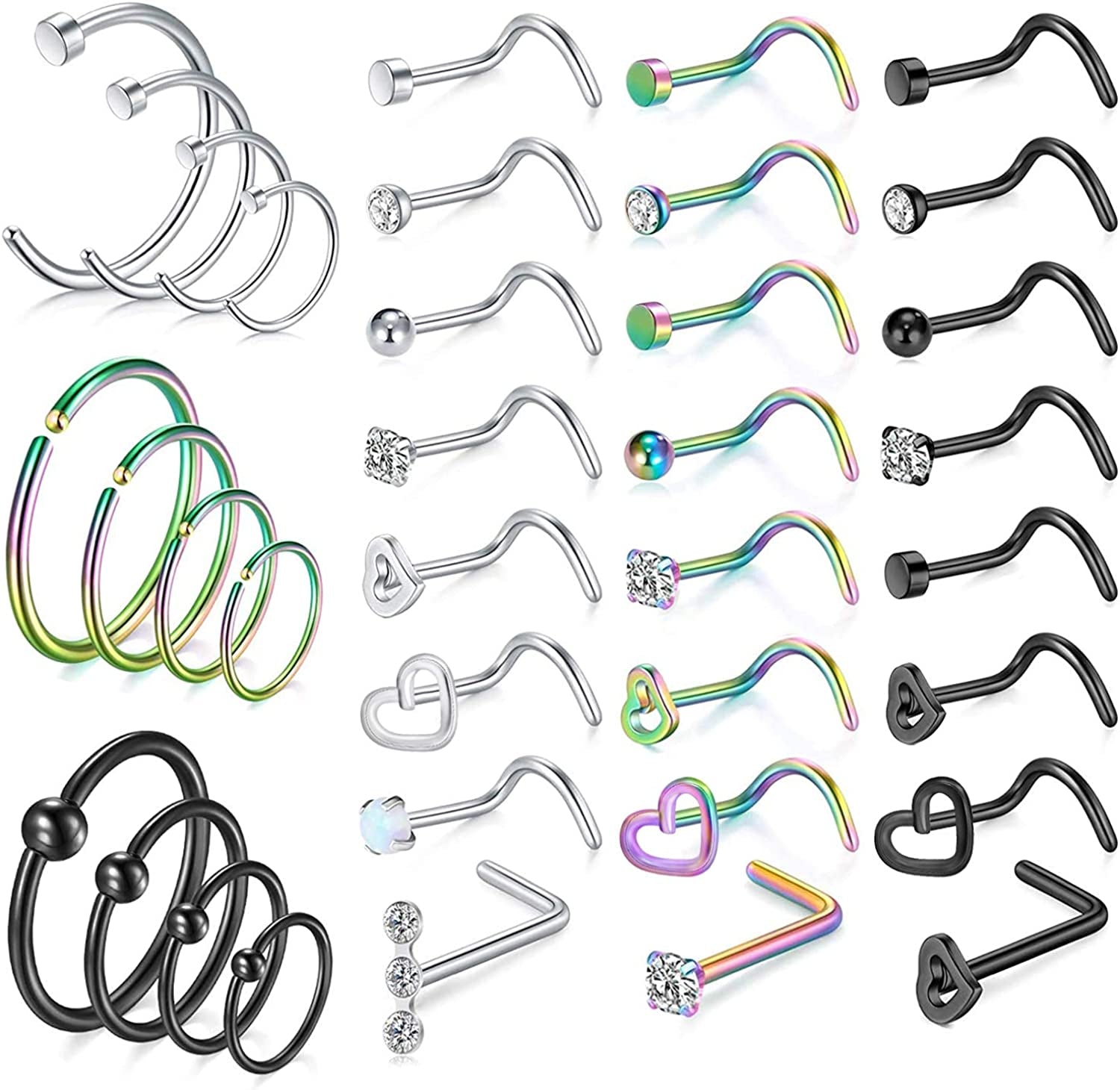 Kridzisw 18G 20G Nose Rings Hoop Stainless Steel L-Shaped Nose Rings Studs Screw Clear Clicker Retainer Tragus Cartilage Helix Earrings Piercing Hoop 27-36Pcs Apparel & Accessories > Jewelry > Body Jewelry Kridzisw Set B:18G(1.0MM)-Mix Color