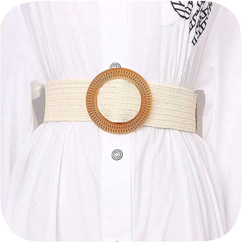 Women Skinny Dress Belt, Fashion Straw Woven Elastic Stretch Waist Band Wood Buckle Belt Apparel & Accessories > Clothing Accessories > Belts YUCFOREN Type 2-sand Waist below 45"