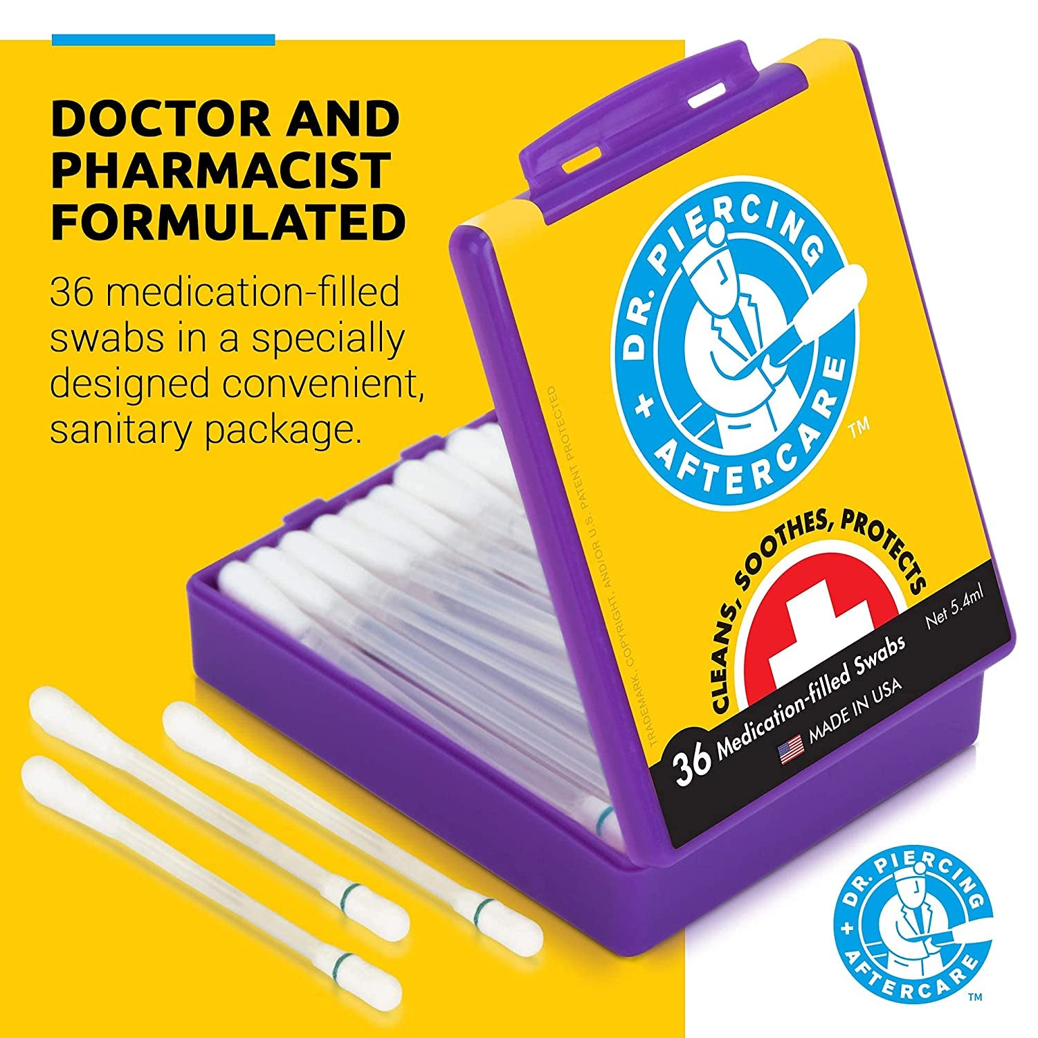 Dr. Piercing Aftercare Medicated Swabs Treat Ear, Nose, Belly, and Body Piercings - Gentle Saline Solution for Piercings - Cleaning Swab Helps Soothe & Hydrate Recovering Skin - 36 Swabs (1-Pack) Apparel & Accessories > Jewelry > Body Jewelry Dr. Piercing's Aftercare