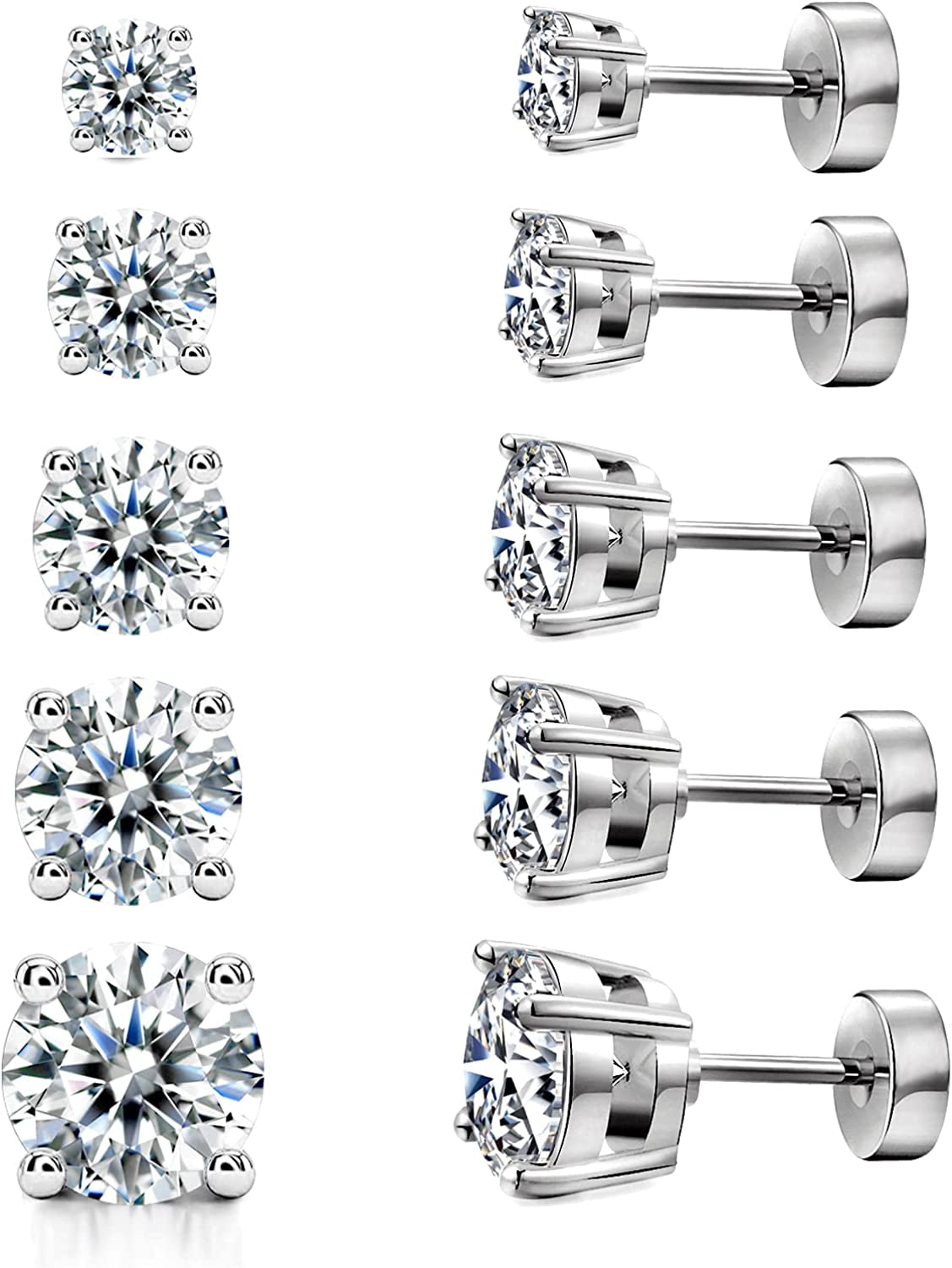 Women'S 14K Gold Plated CZ Stud Earrings Simulated Diamond round Cubic Zirconia Ear Stud Set(5 Pairs) Apparel & Accessories > Jewelry > Earrings Kainier Flatback-White Gold