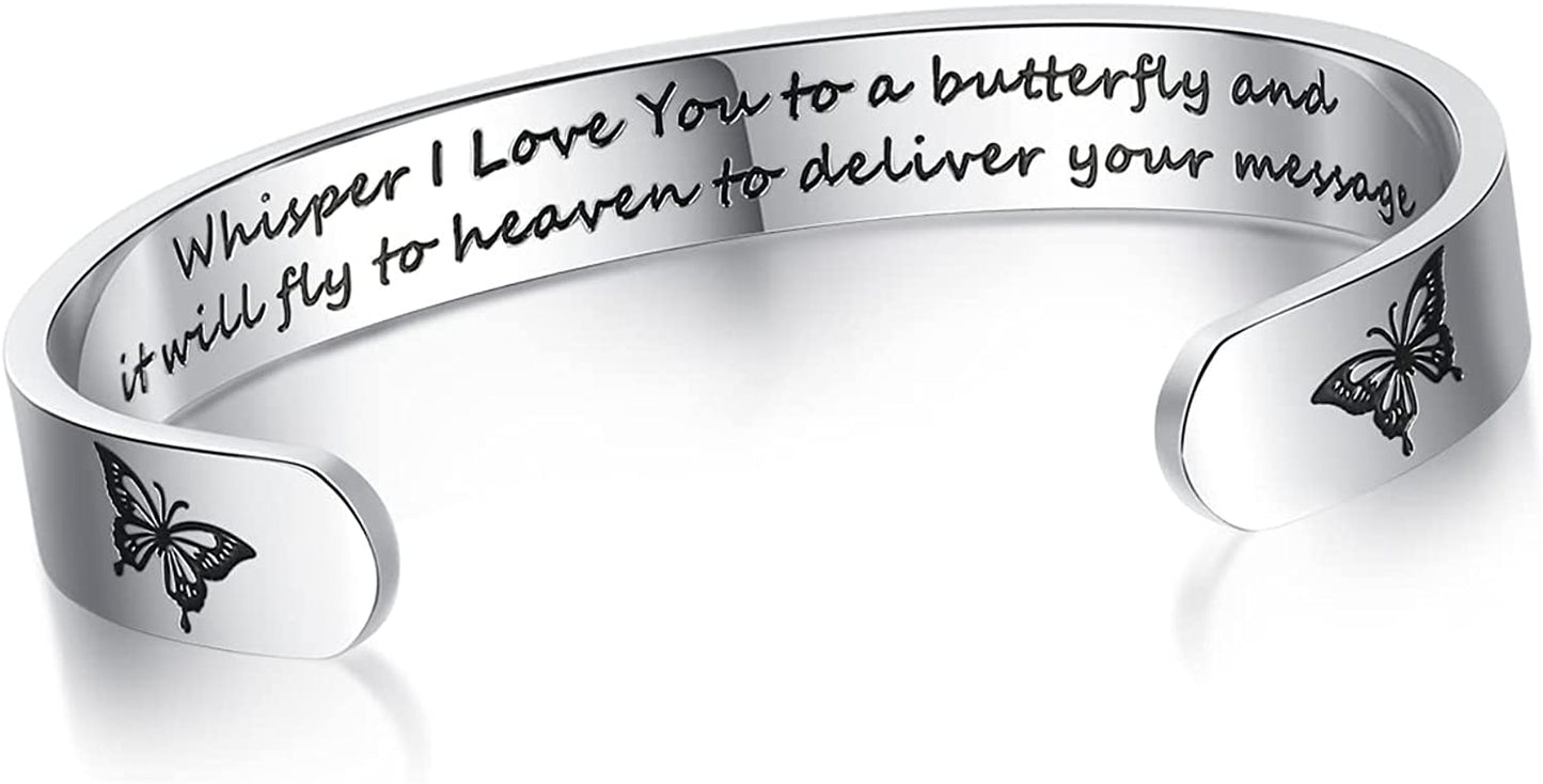 Aryahozel Motivational Cuff Bracelet for Women Girls, Personalized Jewelry Gifts for Her Daughter Mom Sister Niece Best Friends, Engraved Different Sayings Apparel & Accessories > Jewelry > Bracelets AryaHozel Memorial gifts-Whisper I love you to a butterfly…