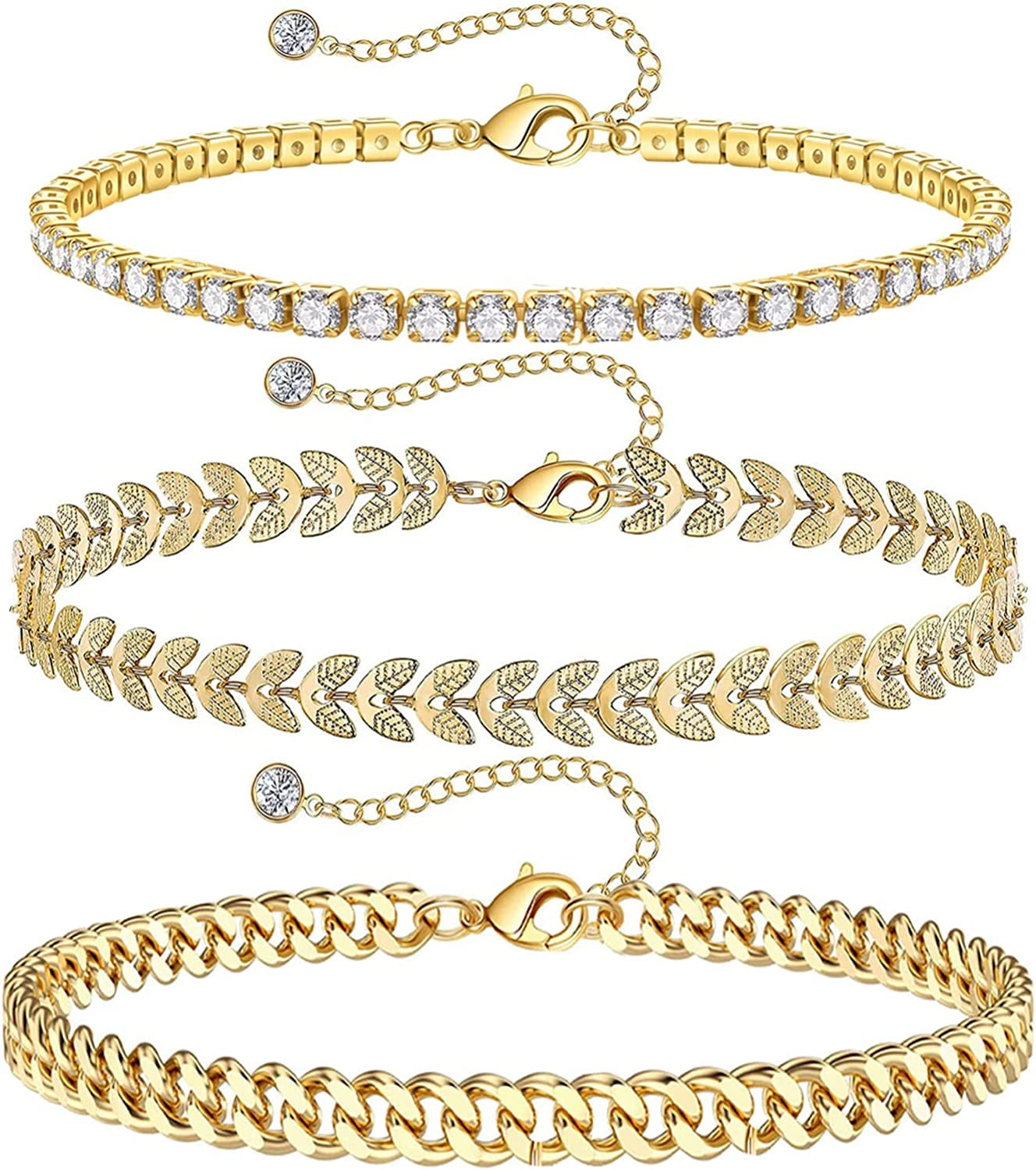 Ronglry 5Pcs Gold Ankle Bracelets for Women Girls Cuban Link Ankle Bracelet Cuban Chain Anklet Butterfly Anklet Set Rhinestone Tennis Anklet Adjustable Layered Link Anklets Summer Beach Gifts Apparel & Accessories > Jewelry > Anklets Ronglry 3pcsgold
