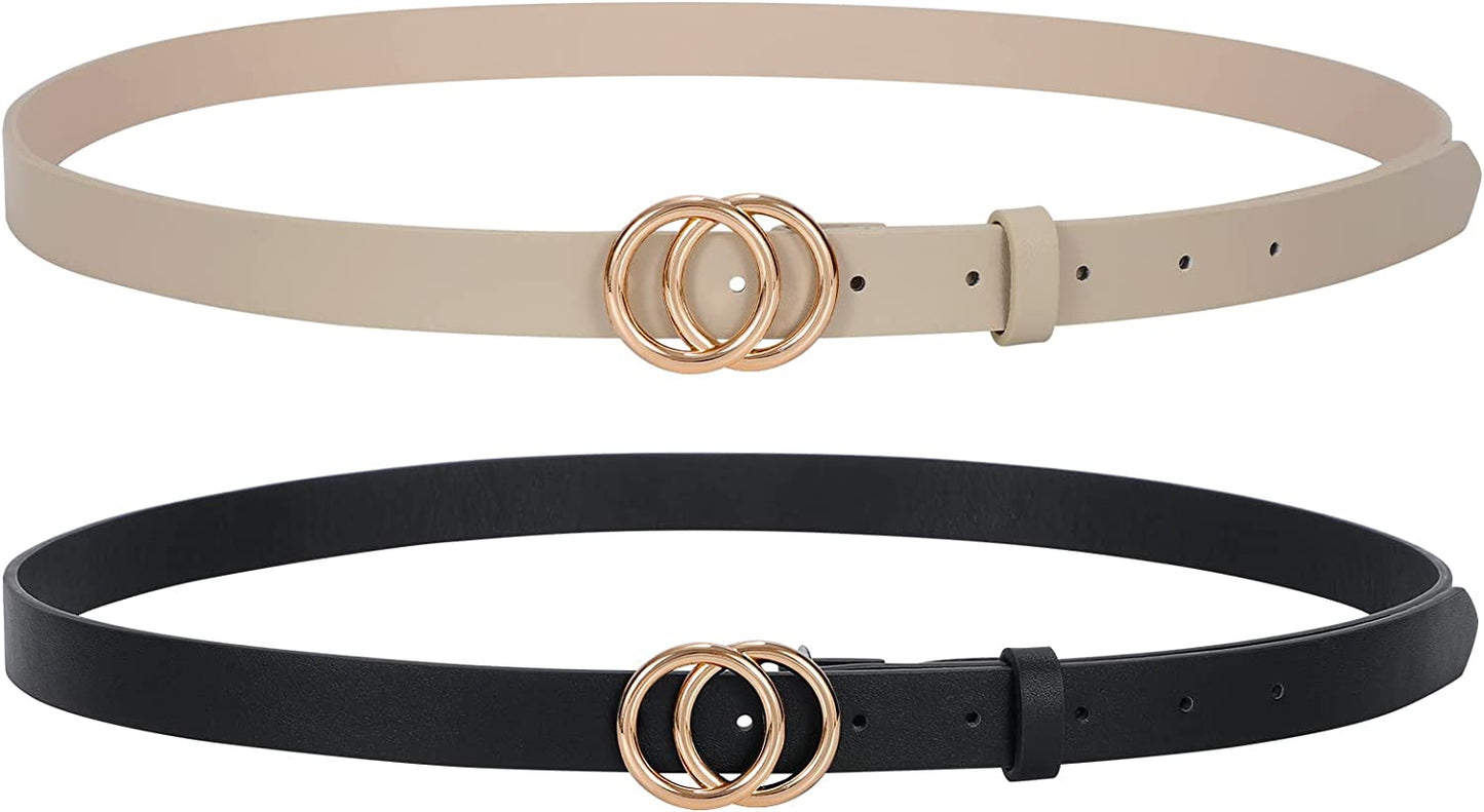 Double Ring Leather Belts for Women SANSTHS O-Style Gold Buckle Skinny Dress Belt 0.86 Inch Width for Jeans Pants Apparel & Accessories > Clothing Accessories > Belts SANSTHS M-black(gold Buckle)+beige(gold Buckle) Fit Pants Size 27-32Inch