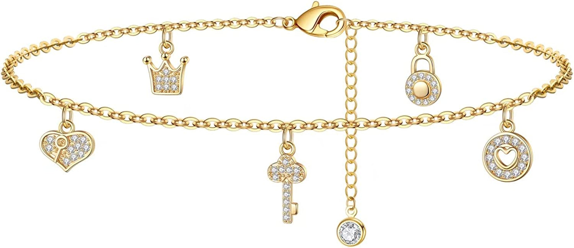 Dainty Ankle Bracelets for Women Girls, 14K Gold Filled Handmade Anklet Tiny Lock Key Star Lightning Crescent Elephant Evil Eye Ankle Bracelets for Women Girls Summer Boho Beach Foot Jewelry Apparel & Accessories > Jewelry > Anklets Yoosteel Lock&key