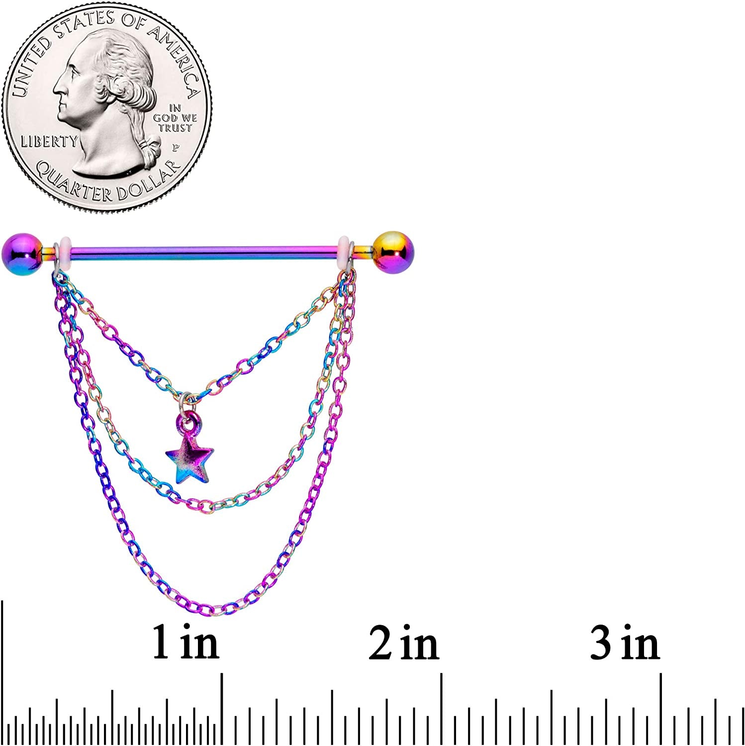 Body Candy Women 14G Rainbow Plated Steel Helix Cartilage Earring Star Chain Dangle Industrial Barbell 38Mm Apparel & Accessories > Jewelry > Body Jewelry Body Candy