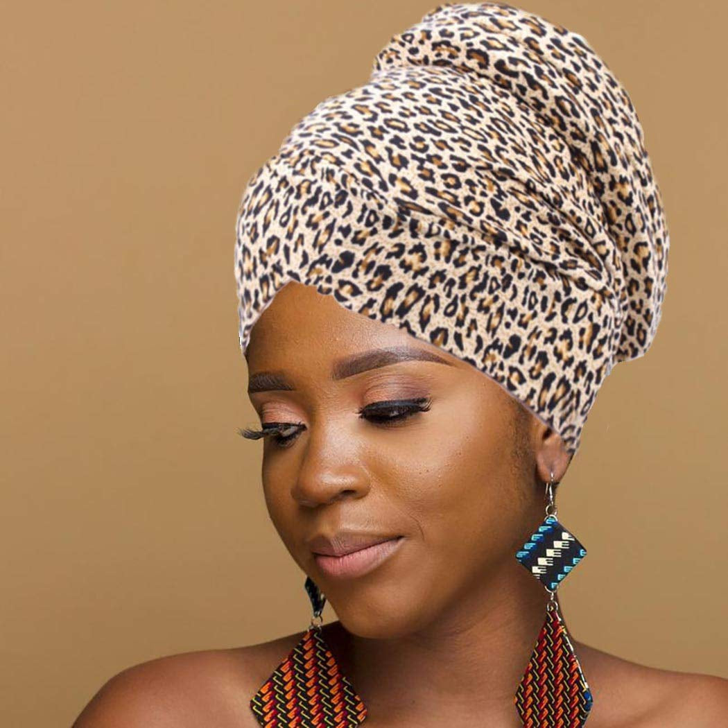 Woeoe African Turban Head Wrap Leopard Print Soft Head Scarf Stretch Head Cover Beanie Cap Headwear for Women and Girls Apparel & Accessories > Clothing Accessories > Headwear Woeoe